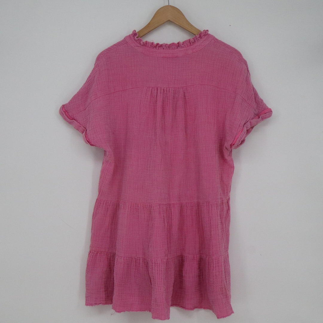 GIGIO USA Pink Cotton Gauze Tiered Tunic Top Short Sleeve Boho Small
