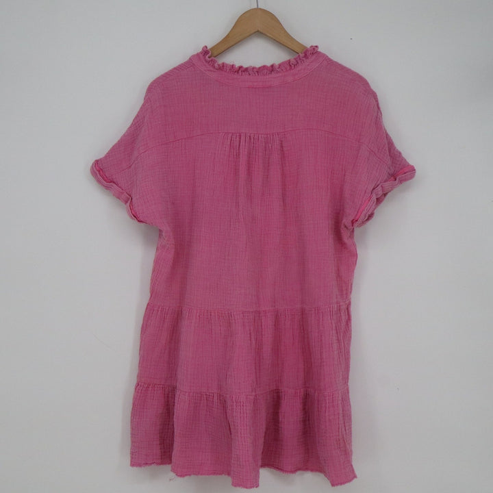 GIGIO USA Pink Cotton Gauze Tiered Tunic Top Short Sleeve Boho Small