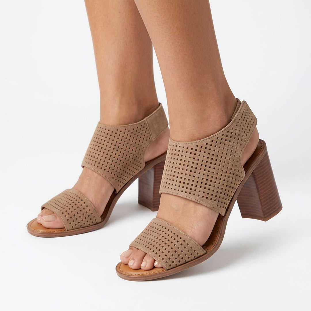 Franco Sarto Delores Tan Perforated Suede Block Heel Sandals Womens 8.5M