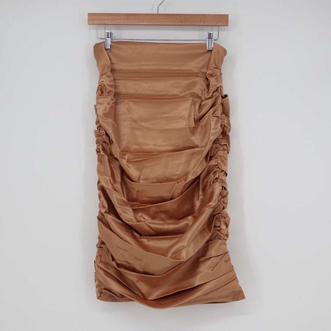 Naked Wardrobe The Statement Ruched Midi Skirt Bronze Satin Large NEW