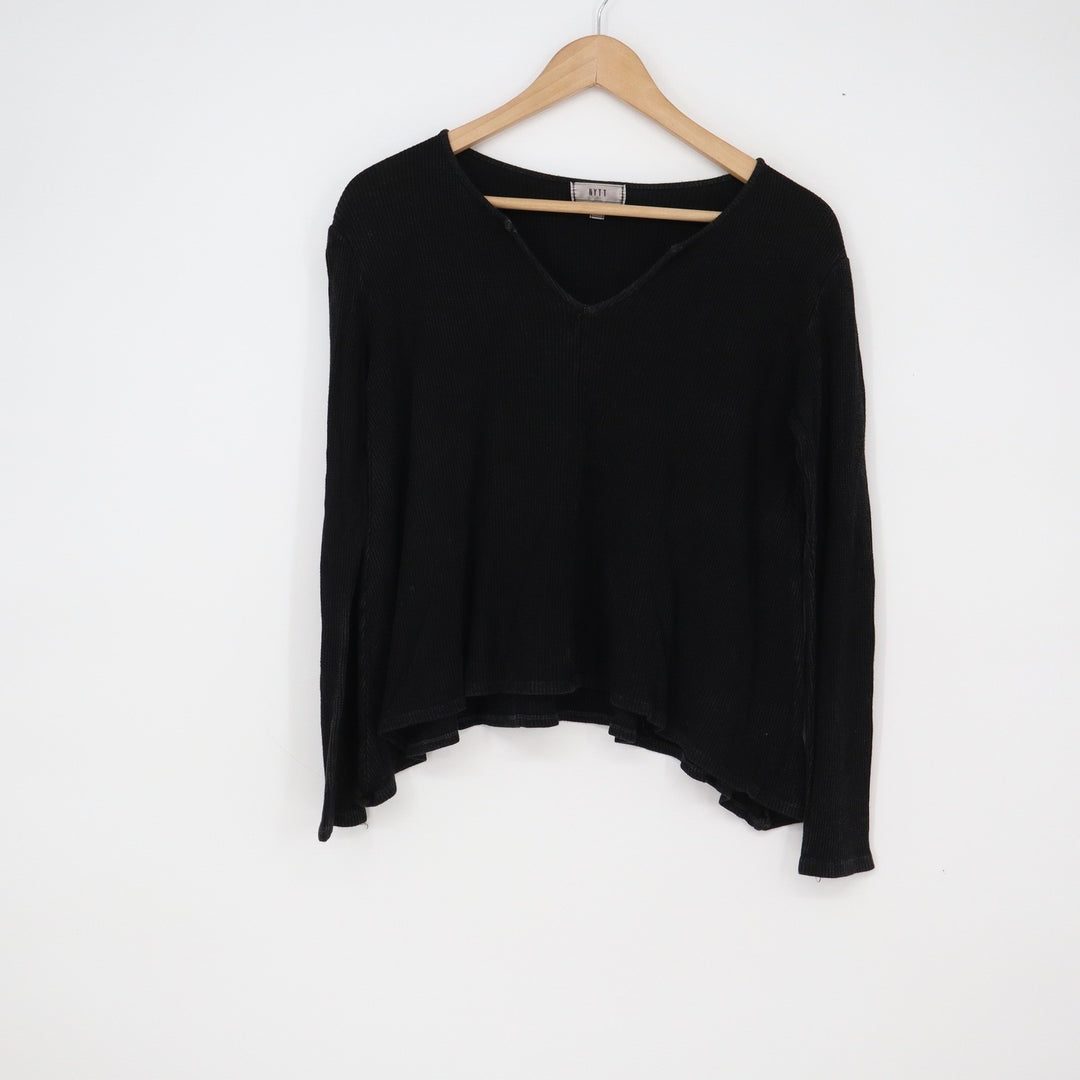 NYTT Top Womens S Long Sleeve Ribbed Notched V-Neck Black Thermal Excellent