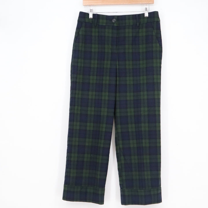LOFT Womens Black Watch Plaid Cuffed Straight Leg Pants Green Navy Size 8