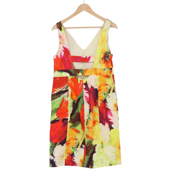 Yansi Fugel Floral Sheath Dress Size 12 Multicolor V-Neck Cutout Back Cotton