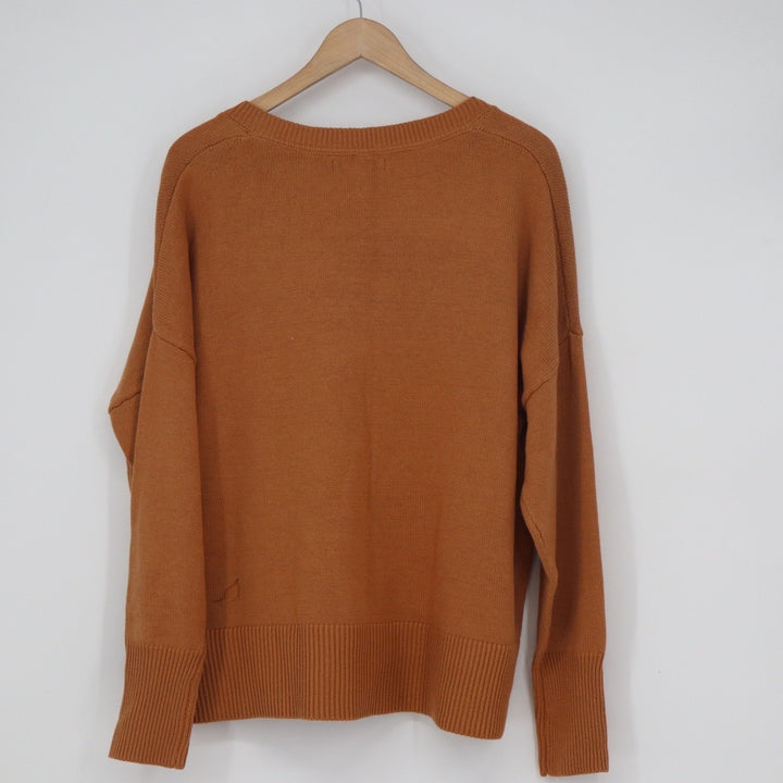 Tahari Womens XL Burnt Orange V-Neck Cotton Blend Relaxed Knit Sweater