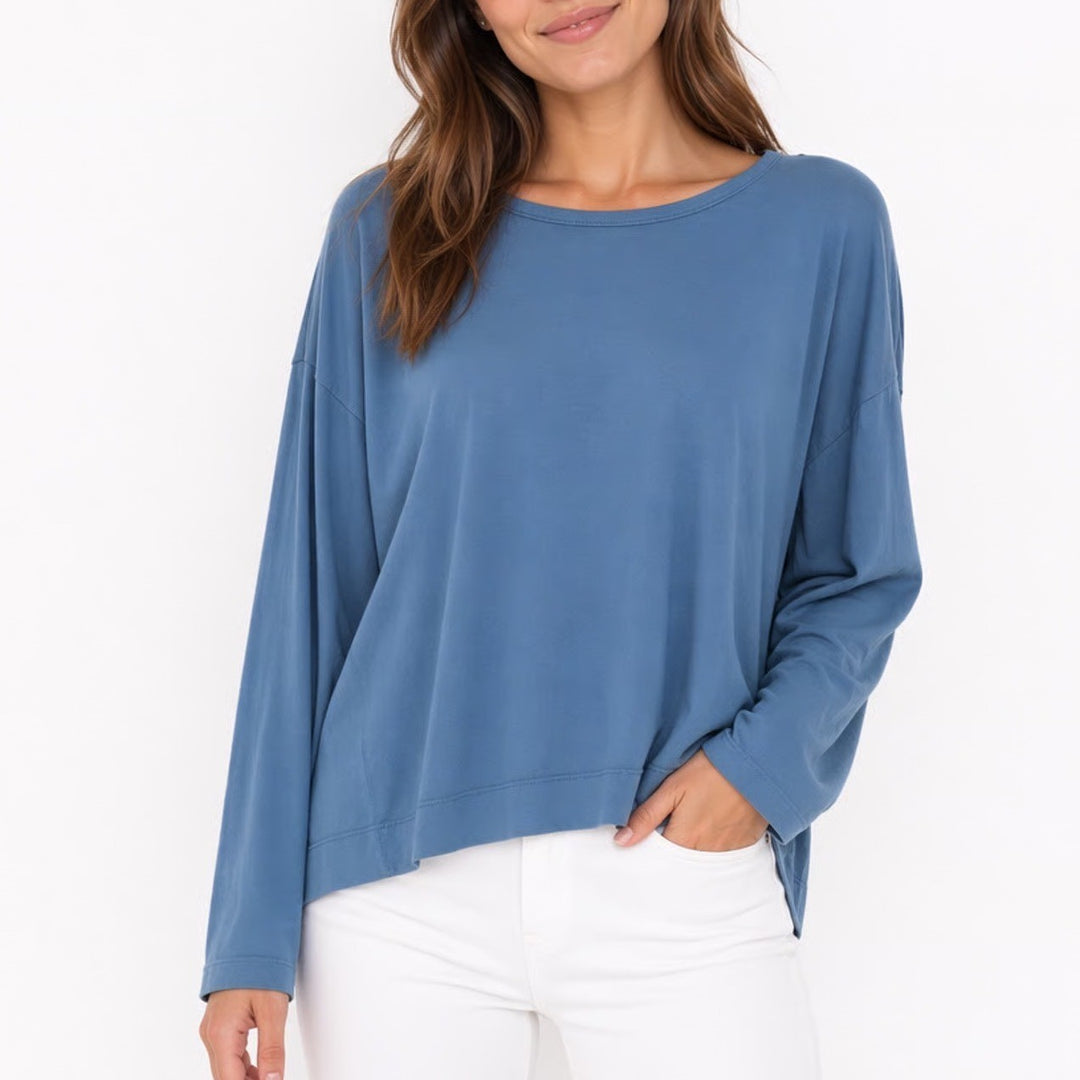 Womens Shirt Blue Cotton Round Neck Long Sleeve Side Slit Casual Pullover Tee