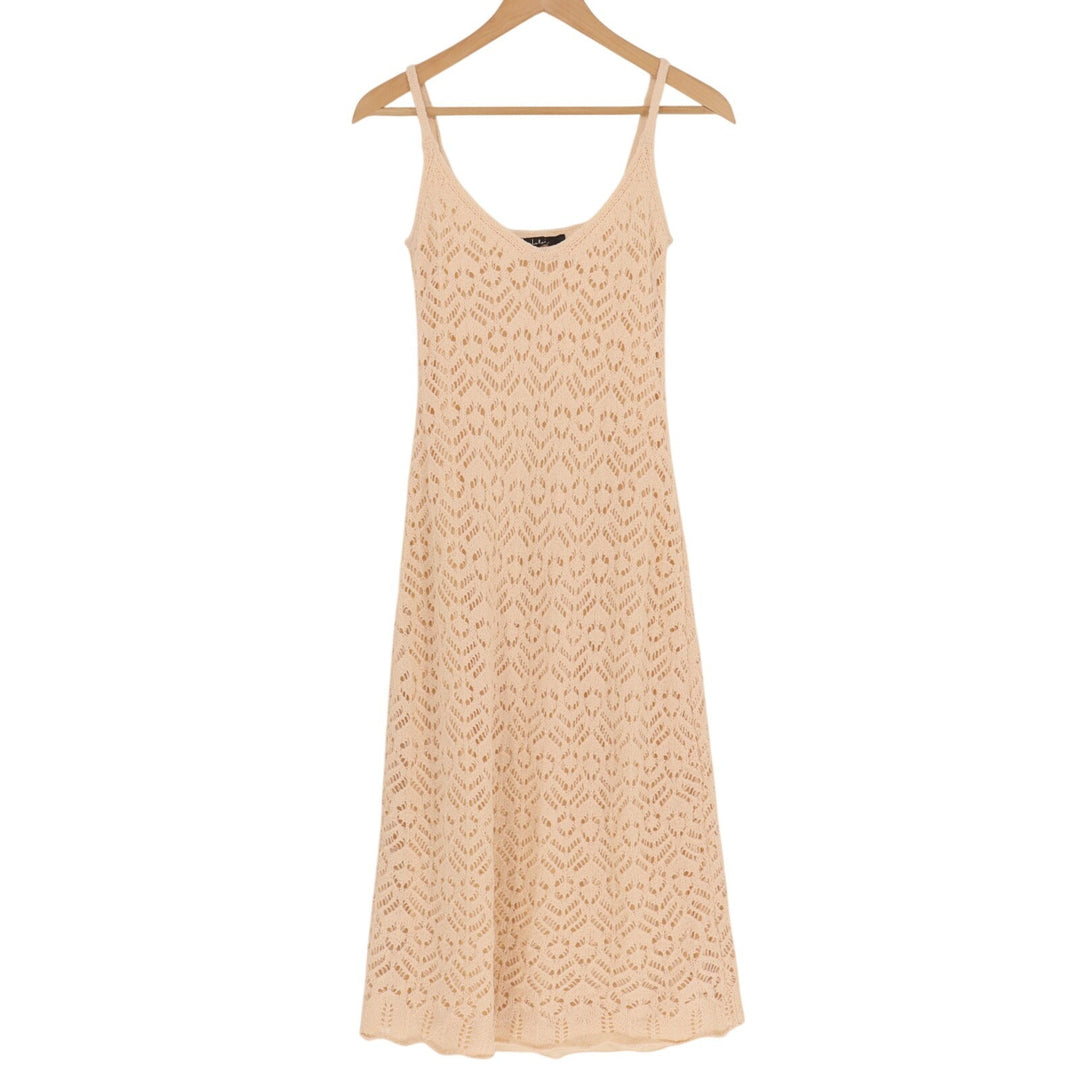 Lulus Sunset Vibes Midi Dress Womens XS Beige Crochet Sleeveless Scalloped Hem