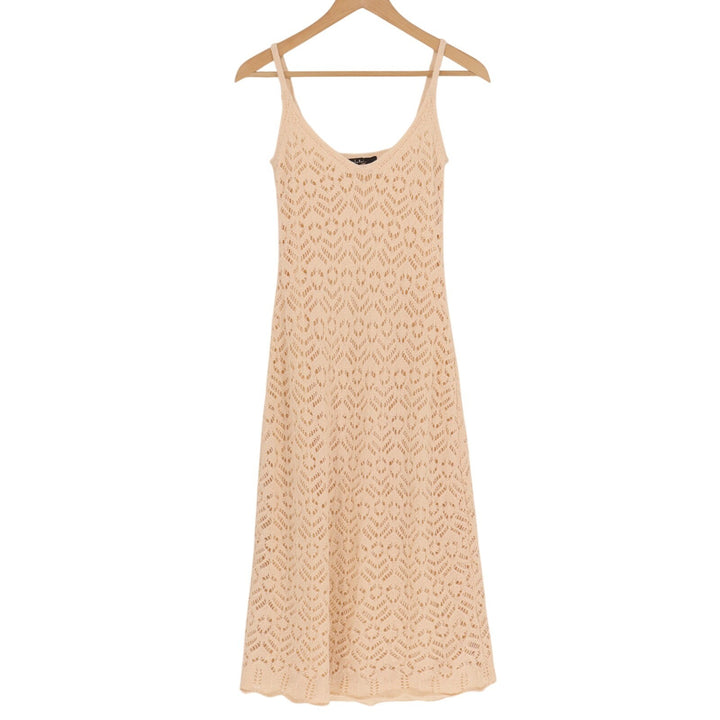 Lulus Sunset Vibes Midi Dress Womens XS Beige Crochet Sleeveless Scalloped Hem