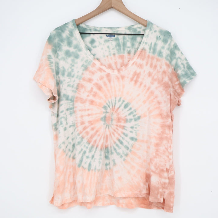 Old Navy EveryWear Womens XL V-Neck T-Shirt Sage Green Spiral Tie Dye Cotton