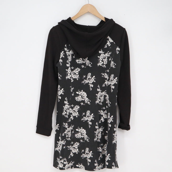 Eric + Lani Womens Black Floral Raglan Hoodie Dress Large Rose Print