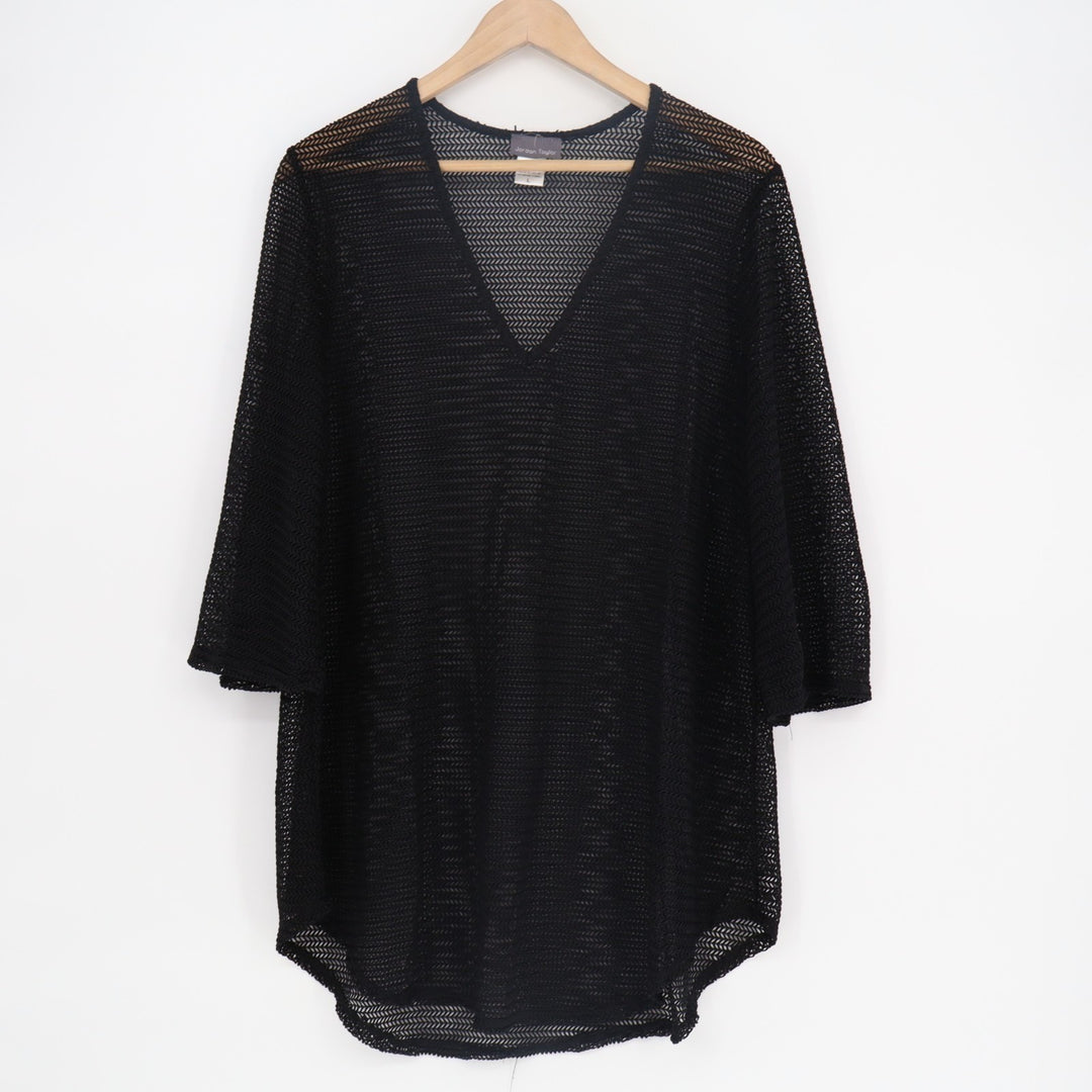 Jordan Taylor Swim Cover Up Womens Large Black Sheer Mesh V-Neck Long Sleeve