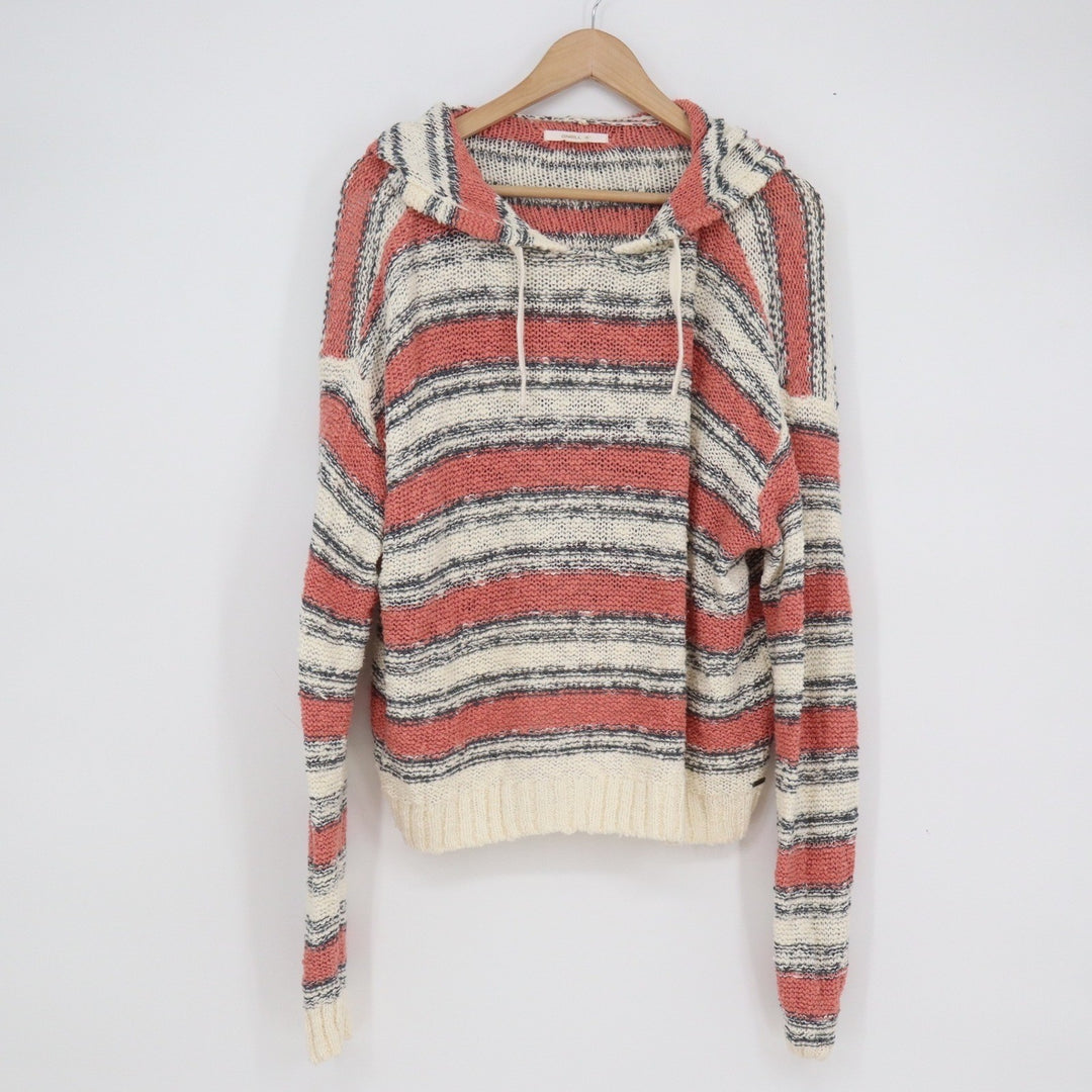 ONeill Womens Large Striped Open Knit Hooded Pullover Sweater Coral Cream