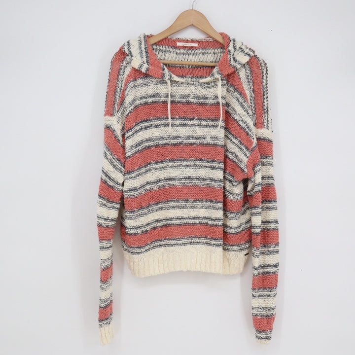 ONeill Womens Large Striped Open Knit Hooded Pullover Sweater Coral Cream
