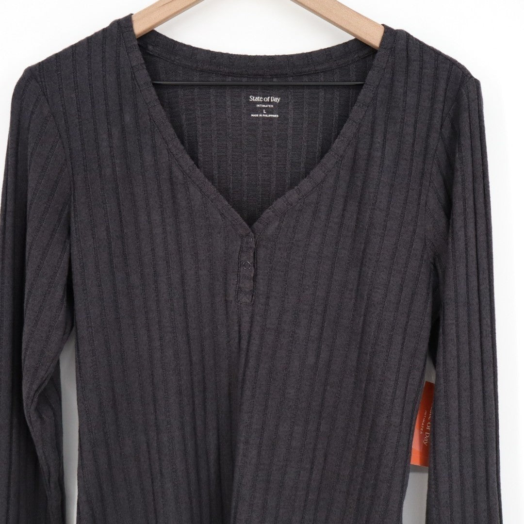 State Of Day Intimates Sleep Top Womens L Faded Black Stretch Ribbed Henley Neck