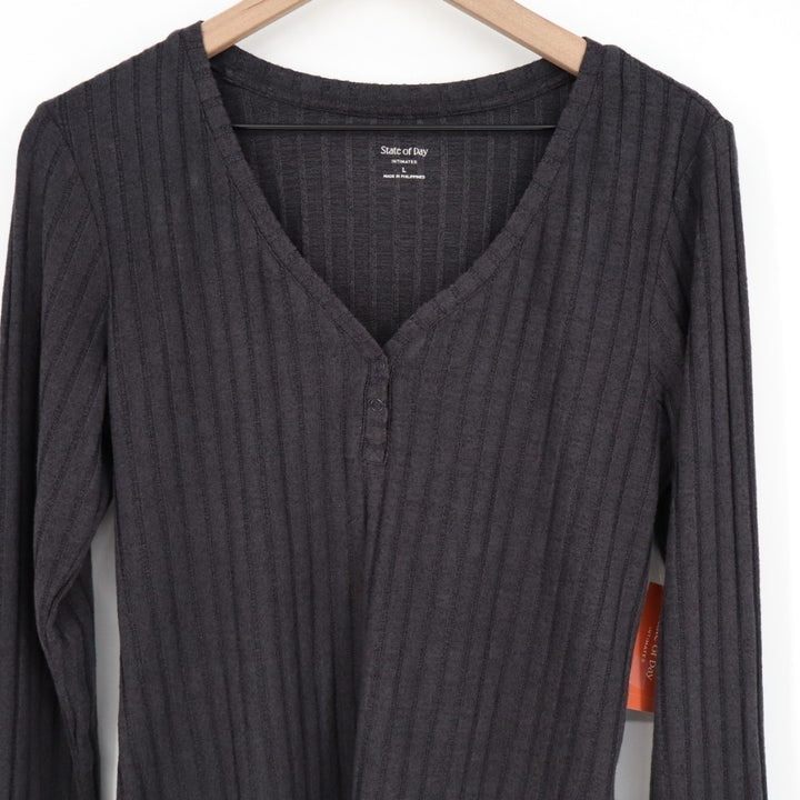 State Of Day Intimates Sleep Top Womens L Faded Black Stretch Ribbed Henley Neck