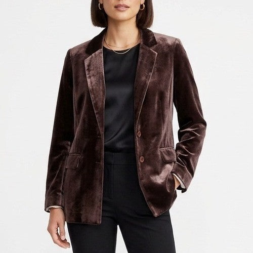 Halogen Velvet Blazer Jacket Womens Medium Brown Notch Lapel Single Breasted