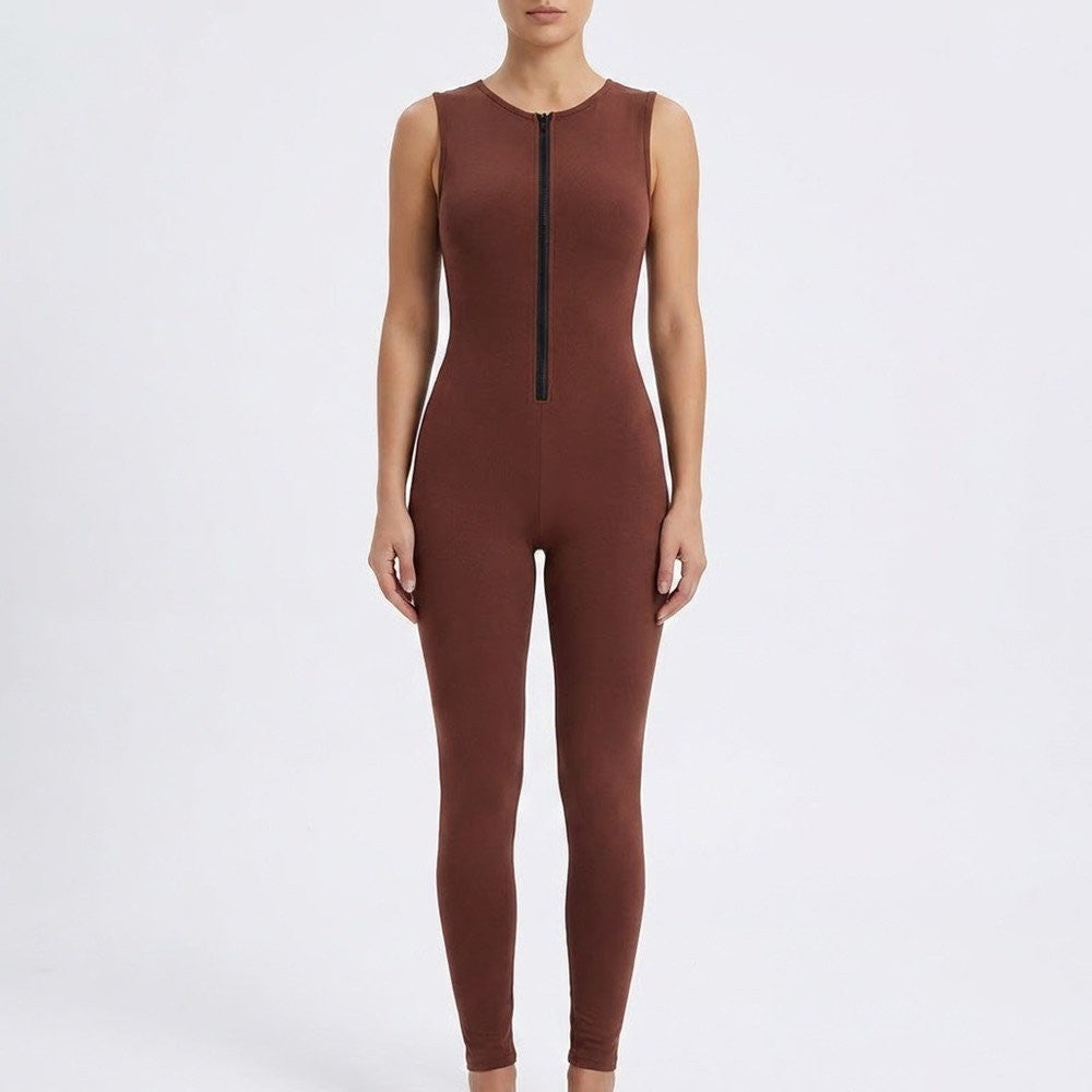 Naked Wardrobe Baby Mama Brown Sleeveless Front Zip Jumpsuit M