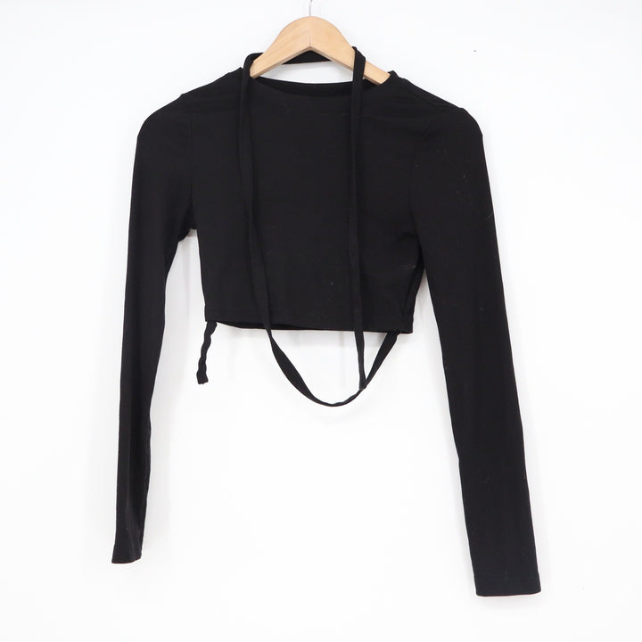 Dazy Womens Black Long Sleeve Strappy Cutout Crop Top Size S Solid Crew Neck
