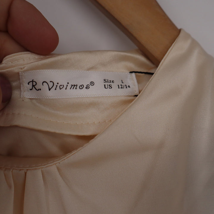 R.Vivimos Champagne Cream Silky Backless Tie Mini Dress Long Sleeve Size L