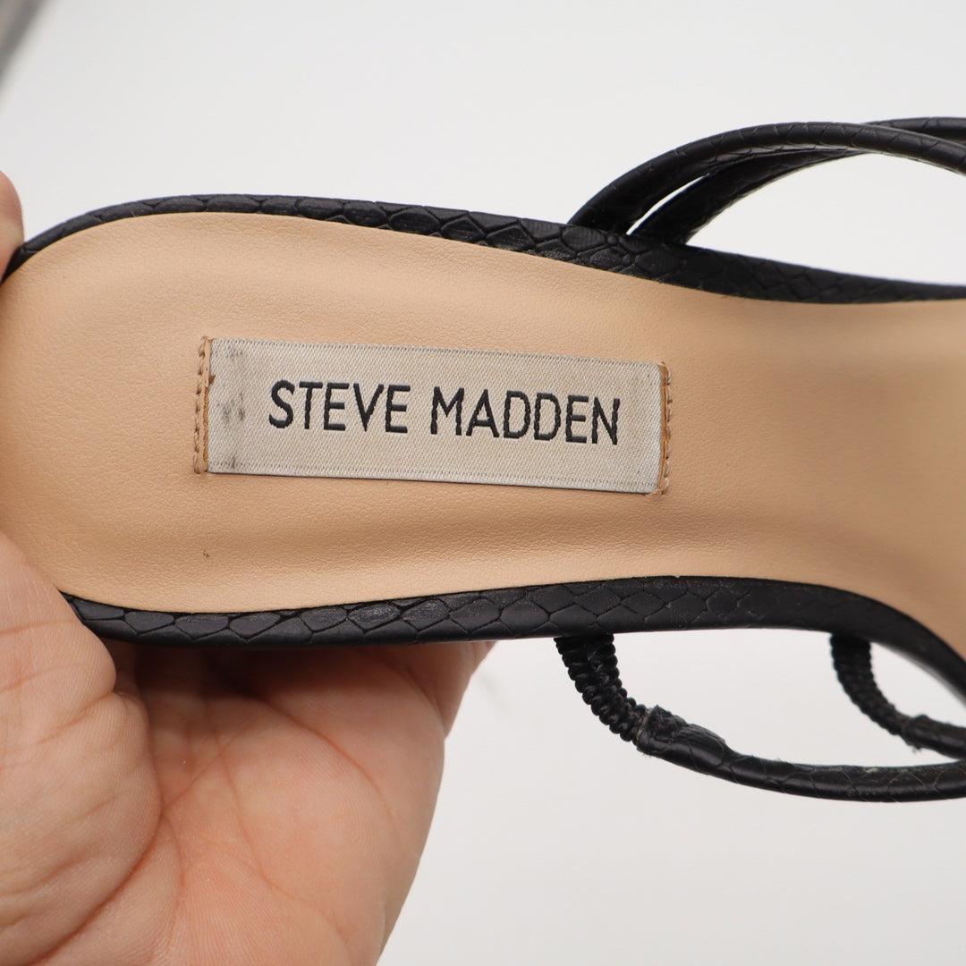 Steve Madden Womens Black Snakeskin Embossed Square Toe Strappy Heels 8.5