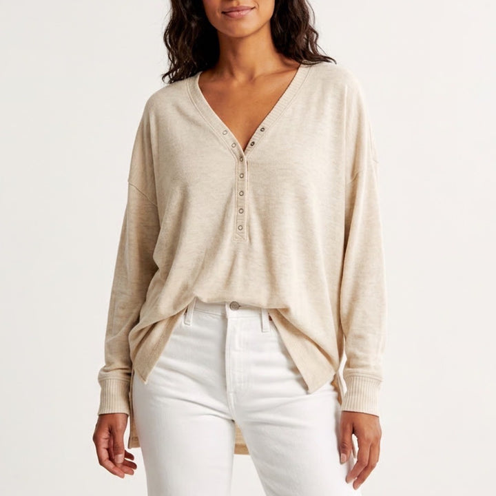 Abercrombie & Fitch Cozy Henley Shirt Womens XL Light Beige Stretch Long Sleeve