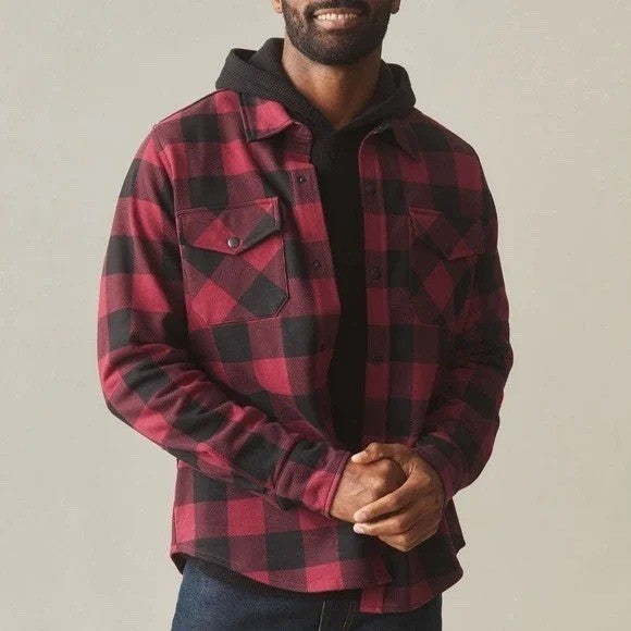 American Giant Redwood Overshirt Unisex M Red Plaid Cotton Fleece Spread Collar
