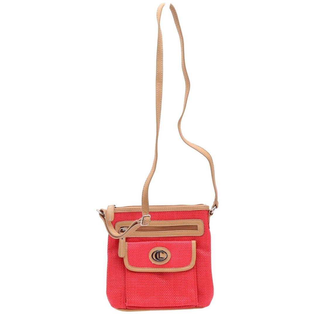 Liz Claiborne Crossbody Bag Womens Small Woven Red Tan Trim Casual Excellent