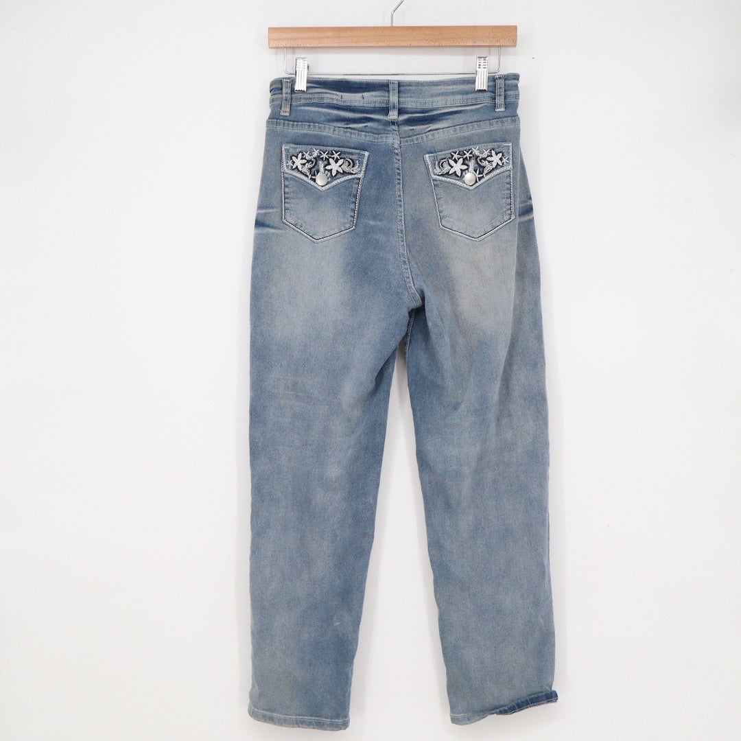 Floral Embroidered Back Pocket Light Wash Straight Leg Stretch Jeans Size L
