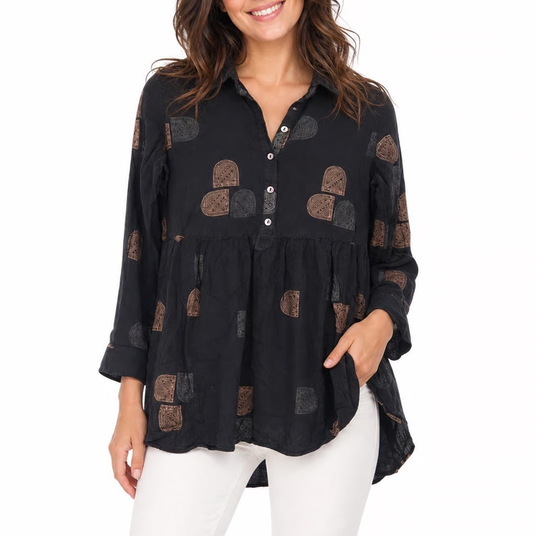 Utsa Womens Small Black Cotton Geometric Block Print Babydoll Tunic Top Shirt