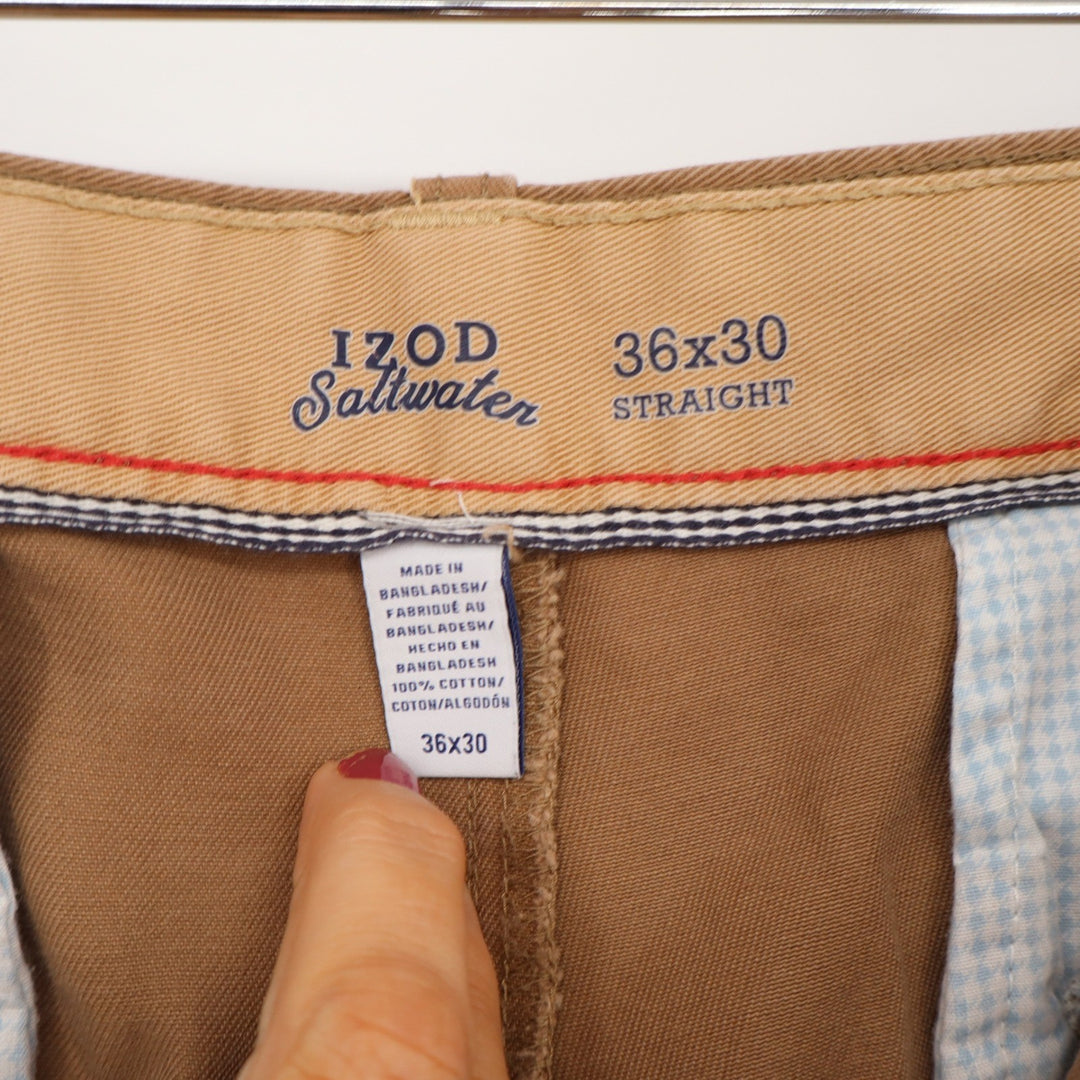 IZOD Pants Mens 36x30 Saltwater Straight Khaki Tan Cotton Chino Excellent