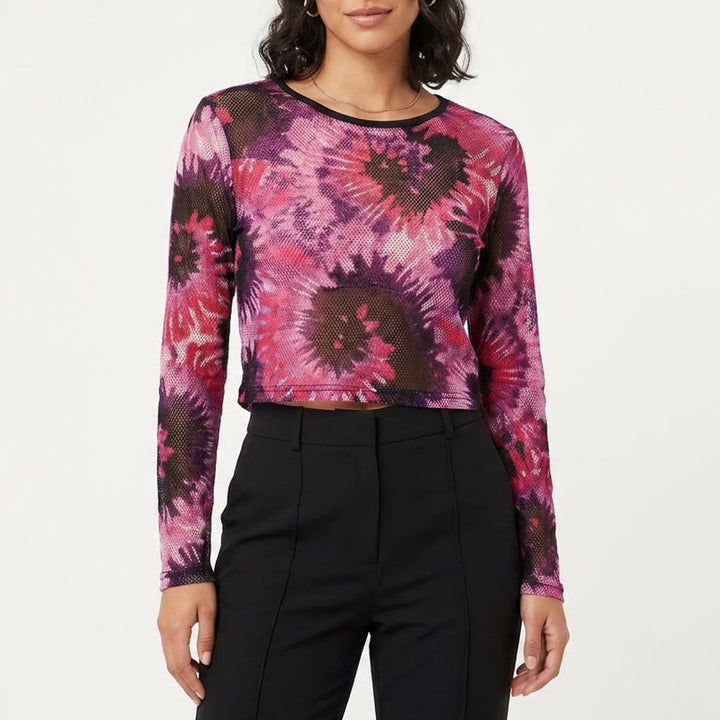 Rouge Collection Womens 1X Pink Purple Tie Dye Floral Sheer Mesh Long Sleeve Top