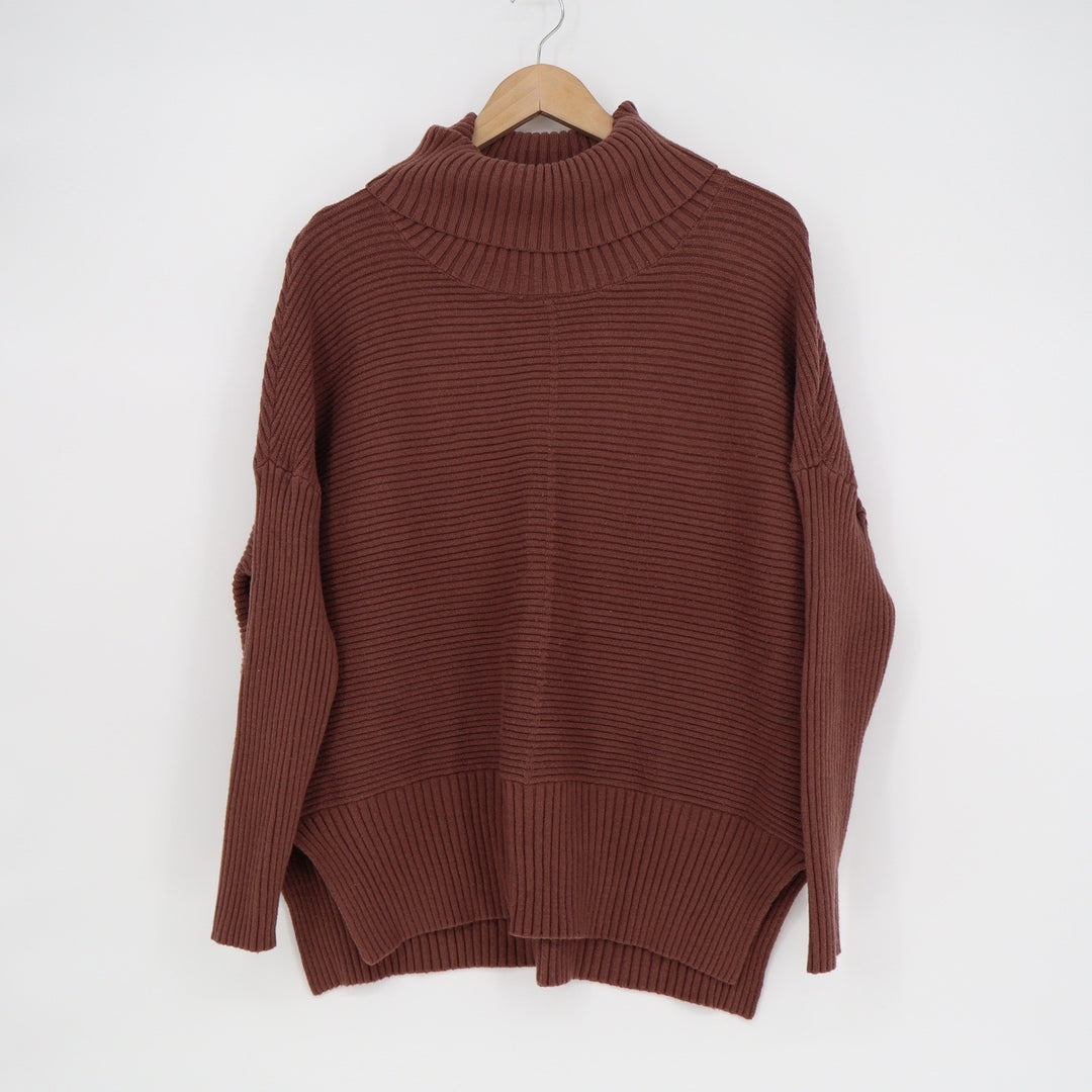 Brown Oversized Ribbed Turtleneck Sweater High-Low Knit Pullover