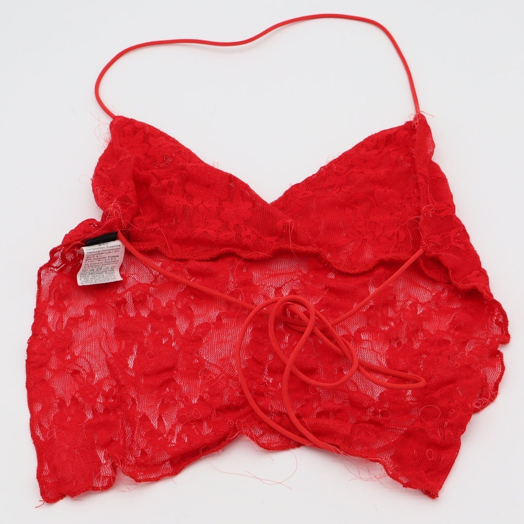 SHEIN Crop Top Womens XS Halter Red Floral Lace Strappy Tie Back Excellent
