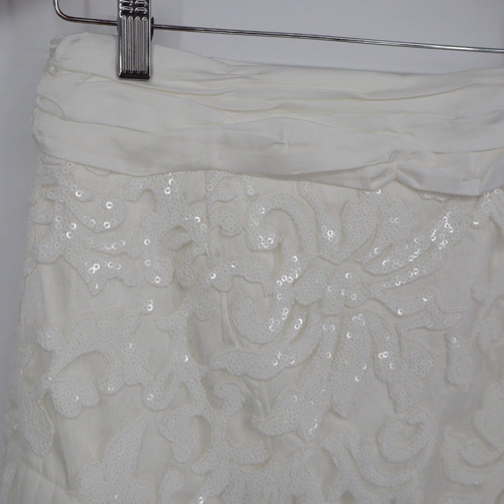 Naked Wardrobe White Sequin Floral Lace Pleated Ruffle Mini Skirt L