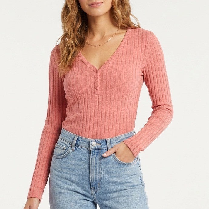 State of Day Intimates Pajama Top Womens Small Cinder Rose Ribbed Henley Neck
