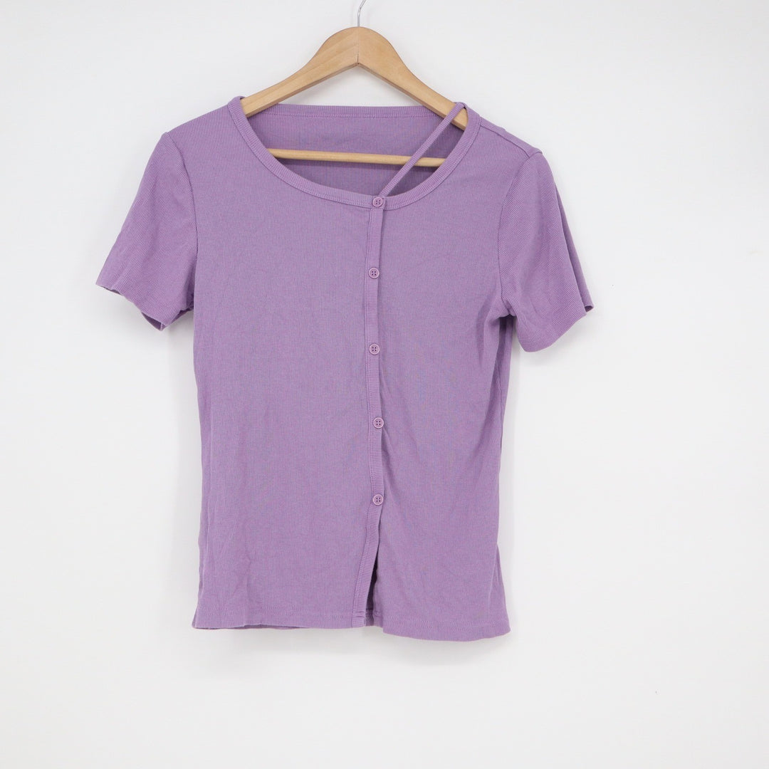 Purple Asymmetrical Neckline Button Front Ribbed Short Sleeve Top Medium