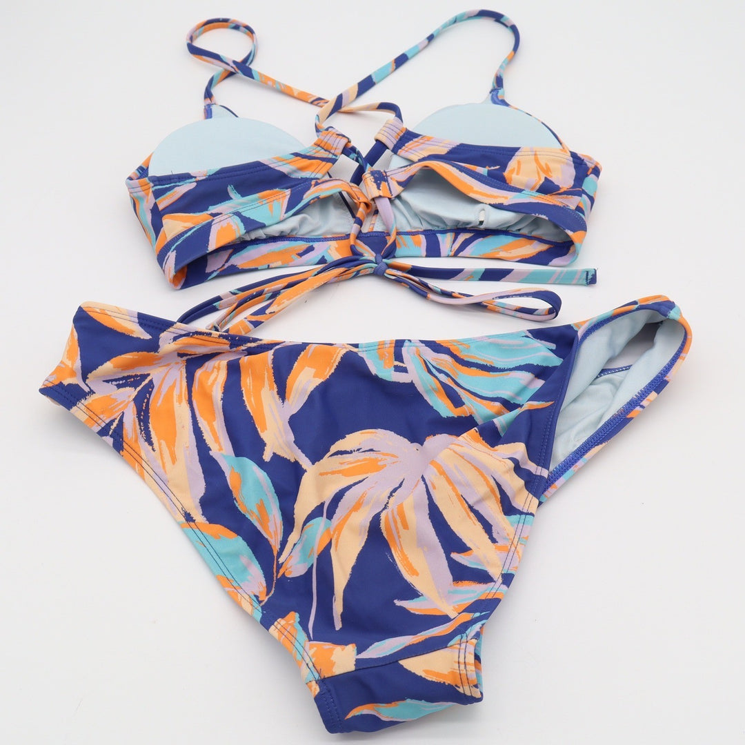 Tropical Leaf Print Bikini Set Blue Orange Aqua Bralette Hipster Swimsuit