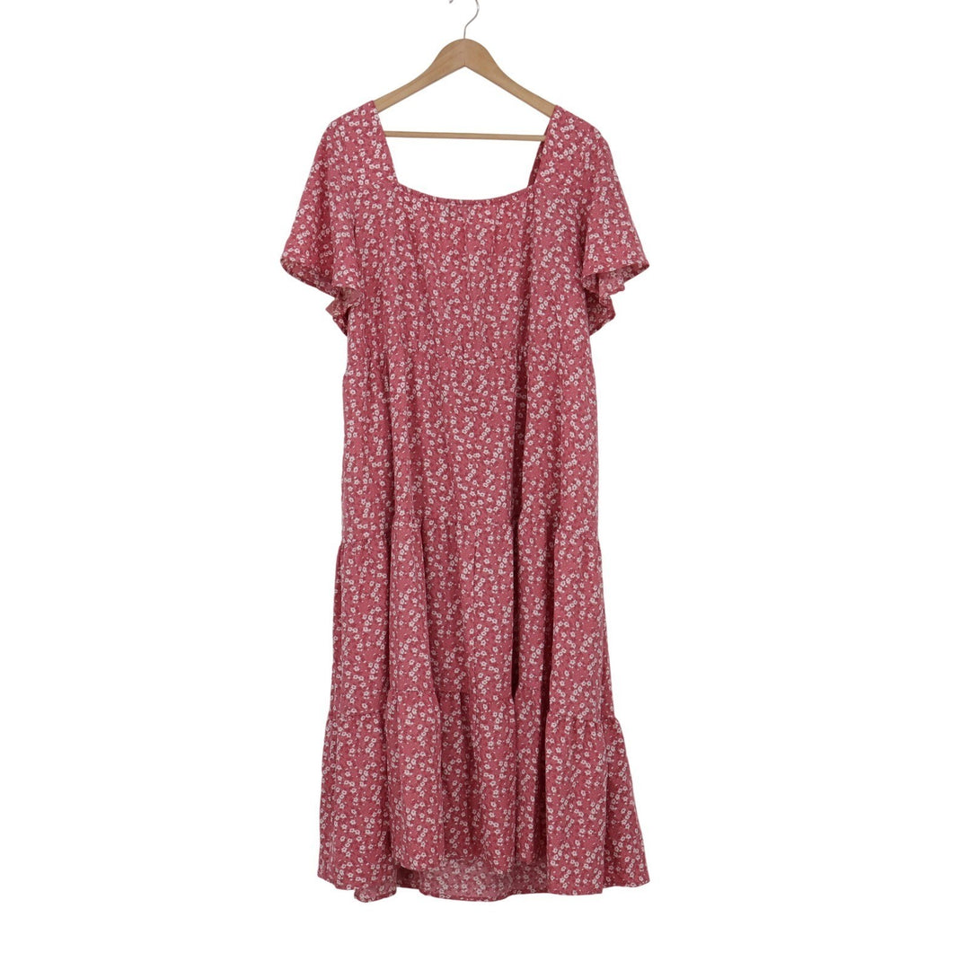 Bloomchic Pink Floral Tiered Midi Dress Plus Size 18-20 Square Neck