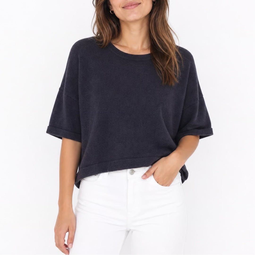 Lululemon Navy Blue Short Sleeve Boxy Knit Sweater Pointelle Back Detail Womens