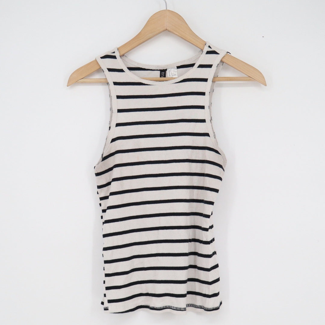 HM Divided Womens Ribbed Tank Top Large Black White Striped Crew Neck