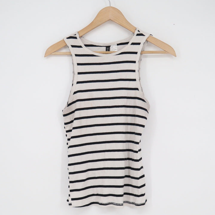 HM Divided Womens Ribbed Tank Top Large Black White Striped Crew Neck