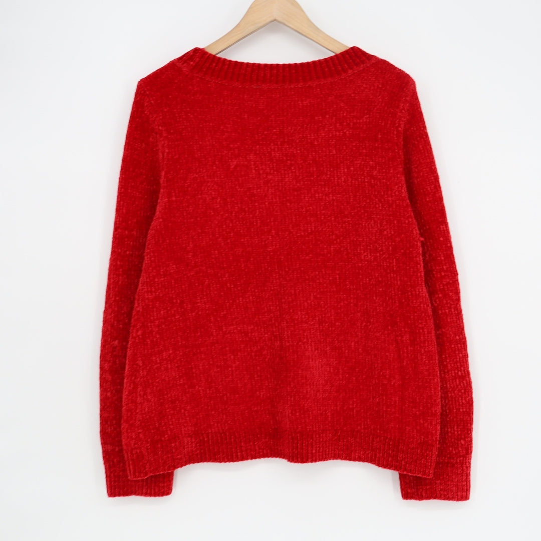 Chicos Red Chenille Sweater Crew Neck Long Sleeve Pullover Size 2