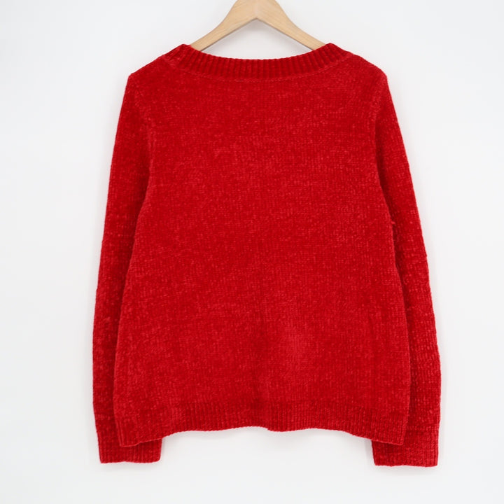 Chicos Red Chenille Sweater Crew Neck Long Sleeve Pullover Size 2