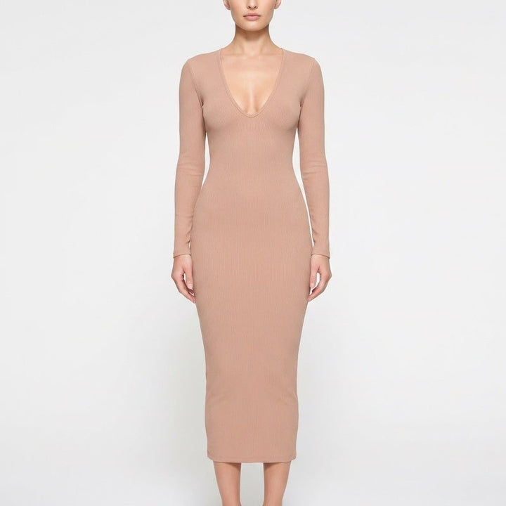 Naked Wardrobe Ribbed Deep V-Neck Maxi Dress Mauve Brown Long Sleeve Large
