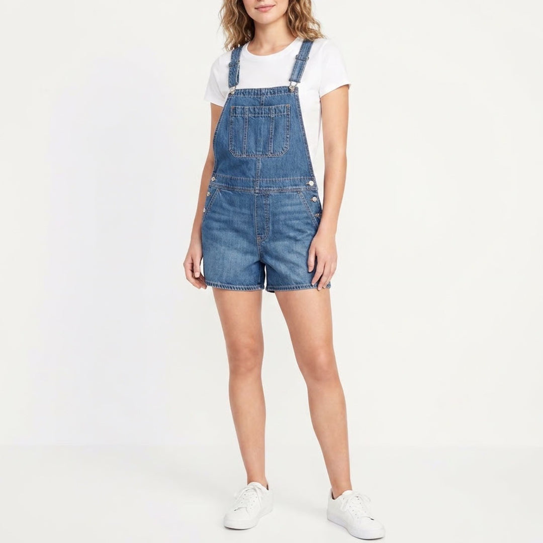 Old Navy Baggy Overalls Short Womens M Blue Denim Adjustable Strap Slash Pockets