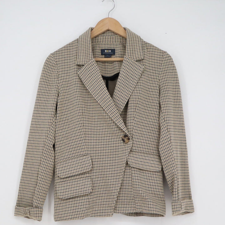 Maeve Anthropologie Womens Plaid Blazer Tan Black Single Button XS