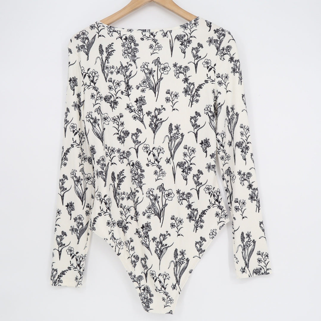 YOZY Womens Floral Ribbed Long Sleeve Bodysuit Cream Black Square Neck Large