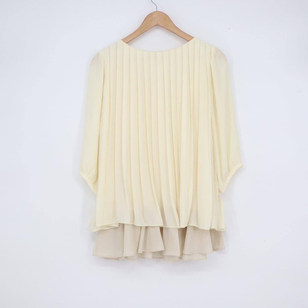 Mysty Woman Cream Yellow Pleated Tunic Blouse Layered Ruffle Hem Size M