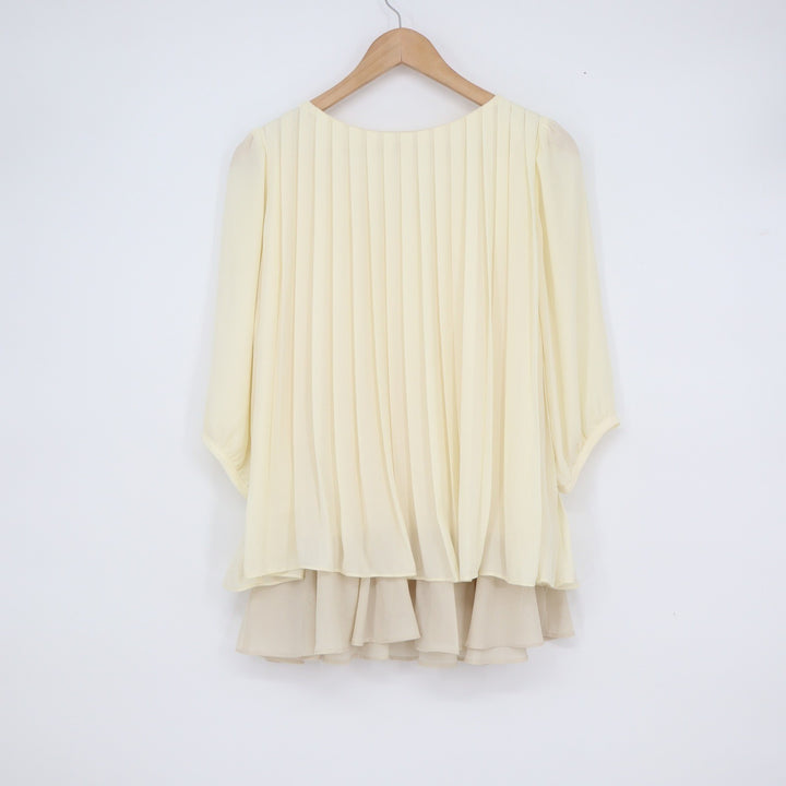 Mysty Woman Cream Yellow Pleated Tunic Blouse Layered Ruffle Hem Size M