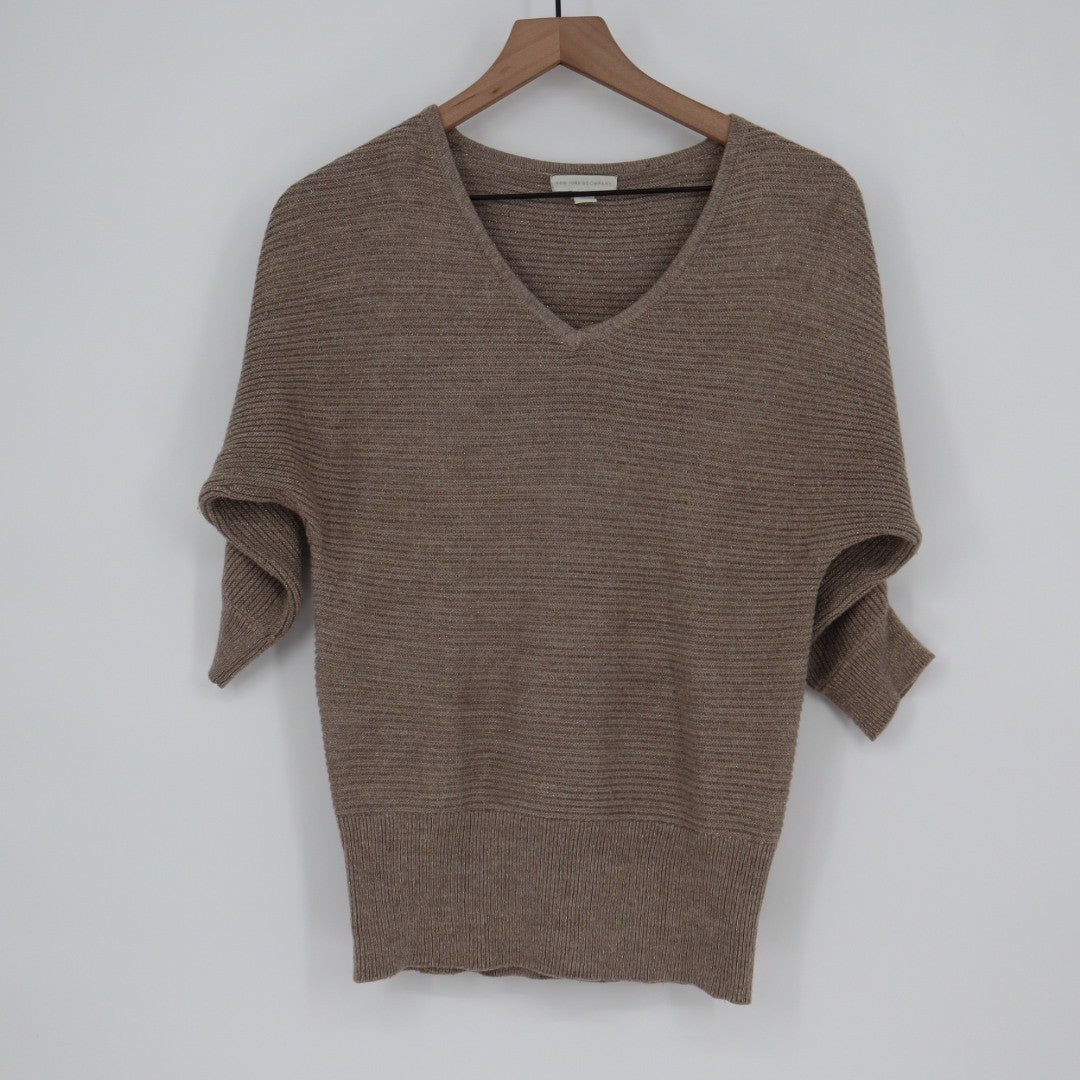 NEW YORK & COMPANY Brown Metallic Knit Dolman Sleeve V Neck Sweater XS