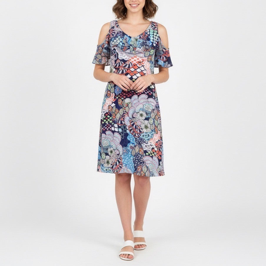Roz Ali Cold Shoulder Ruffle Dress Medium Floral Print Blue Pink Green